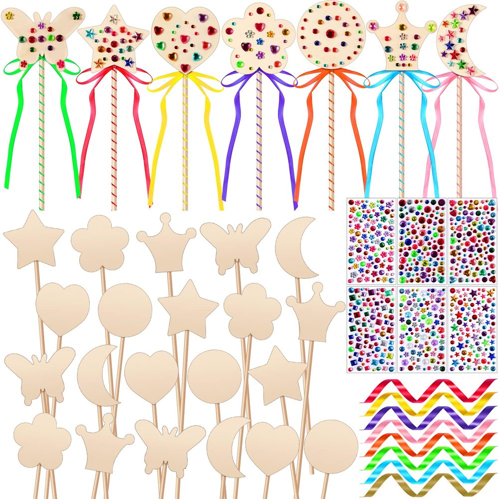 Chumia 42 Pcs Princess Fairy Wands Kit Include 28 Wooden Princess Wand, 6 Gem Stickers, 8 Ribbons, Birthday Party Supplies, Unfinished DIY Moon Butterfly Make Your Own Wand