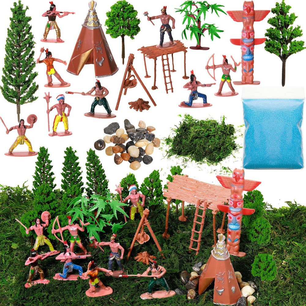 Canlierr 32 Pcs Native American Indians Figures Toys Set, Action Figure Diorama Cowboys Historical People Model Trees Scene Materials Kit for School Diorama Project Kids Educational Birthday Gift