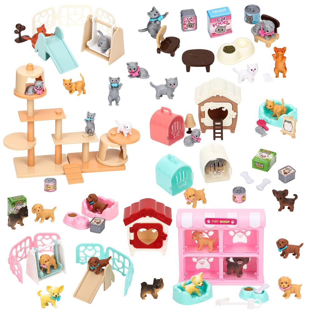 43 PCS Cat Pet Pretend Play Kids Toys&32 PCS Dog Figures Pet Pretend Play Toys Educational Toy for Girls and Boys