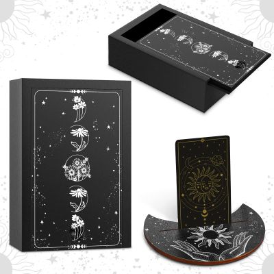 Yulejo Wooden Tarot Card Case and Stand Holder, Cards Box Fortune Telling Trinket Keepsake with Pendulum Board Moon Shape Altar Display for Witch (Novel Style)