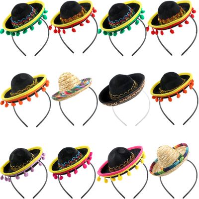 Cagemoga 12 Pieces Cinco De Mayo Sombrero Headband Mexican Fiesta Party With Ball Fringe Mini Mexican Hat for Theme Decorations Luau Event Photo Props Party Favors