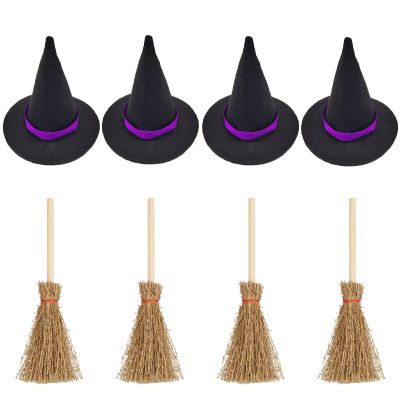 TUDACVTE Halloween Decorations Mini Witch Hats and Mini Broom Black and Purple Halloween Decorations for Halloween Party Birthday DIY Crafts Accessories, 6Pcs Black Witch Hats+6Pcs Broom Sticks