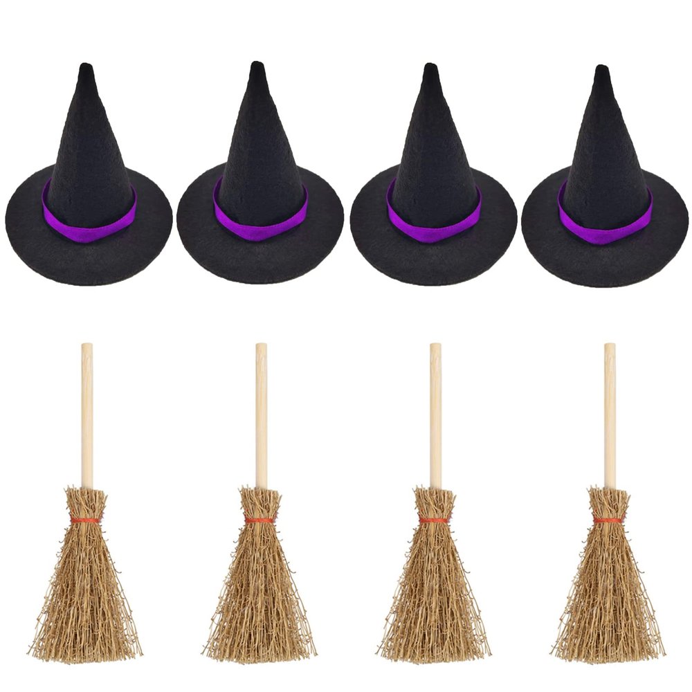 TUDACVTE Halloween Decorations Mini Witch Hats and Mini Broom Black and Purple Halloween Decorations for Halloween Party Birthday DIY Crafts Accessories, 6Pcs Black Witch Hats+6Pcs Broom Sticks