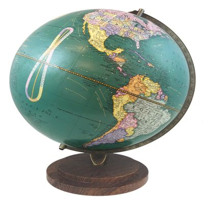 Providence 12" Diameter Globe, USA Cartography with with Mountain Relief, Two Tiered Walnut Colored Base and Special Teal Designer Globe Ball. The 12" Providence Designer Globe matches the unique, rich, teal ocean coloring with the colorful country m