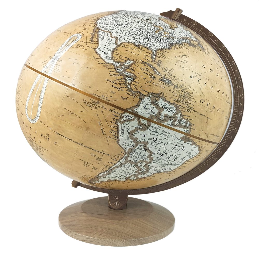 Hartford 12" Diameter Globe, USA Cartography with with Mountain Relief, Taperedd Natural Colored Base and Special Antique Designer Globe Ball. The Hartford Designer Globe combines the stylings of the classic antique ocean globe with clean white land