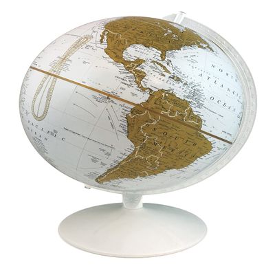 Oslo 12" Diameter Globe, USA Cartography with with Mountain Relief, Sturdy Metal Base and White and Gold Designer Globe Ball. The Oslo 12 Designer Globe features the clean stylings of a white ocean globe with gold land masses. To maintain the sleek,