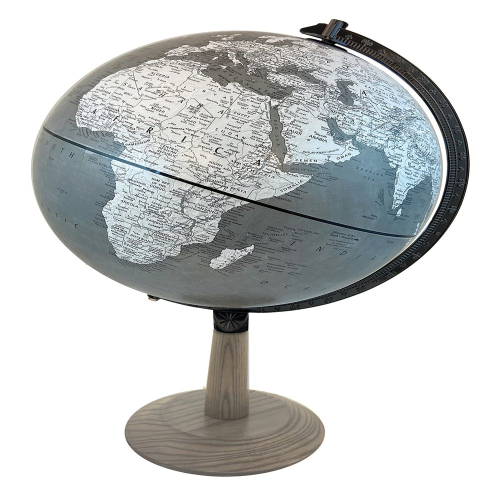 Lincoln 12" Diameter Globe, USA Cartography with with Mountain Relief, Taperedd Gray Colored Base/Riser and Matching Gray Designer Globe Ball. The Lincoln Gray Ocean Designer Globe is the unique counterpart in color styling to the Lincoln Blue Ocean