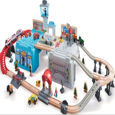 Hape Super Cityscape Transport Bucket Set | Wooden Toy Train Set with City Scenes, Plane, Battery-Powered Engine, for Children 3+ Years