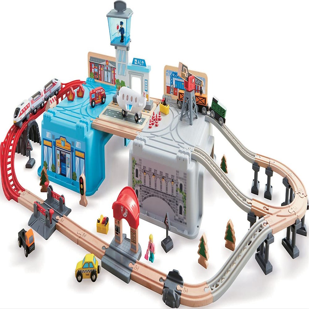 Hape Super Cityscape Transport Bucket Set | Wooden Toy Train Set with City Scenes, Plane, Battery-Powered Engine, for Children 3+ Years
