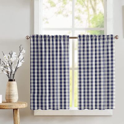 Zen Creative Designs Cotton Gingham Checkered Print Tier Window Valance 2 Piece Set Home Dcor Bedroom Nursery Kitchen Window (Navy)