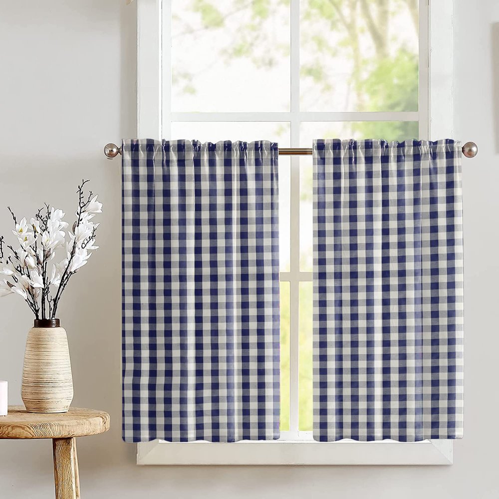 Zen Creative Designs Cotton Gingham Checkered Print Tier Window Valance 2 Piece Set Home Dcor Bedroom Nursery Kitchen Window (Navy)