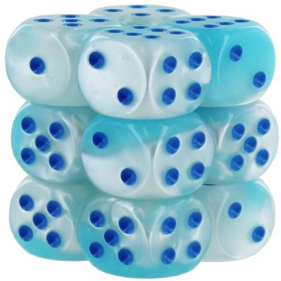 Gemini Dice Block | Set of 12 Size D6 Dice Designed for Board Games, RPGs & Miniature Games | Premium Quality 16 mm Dice | Luminary Pearl Turquoise, White & Blue Color | Made by Chessex (CHX26665)