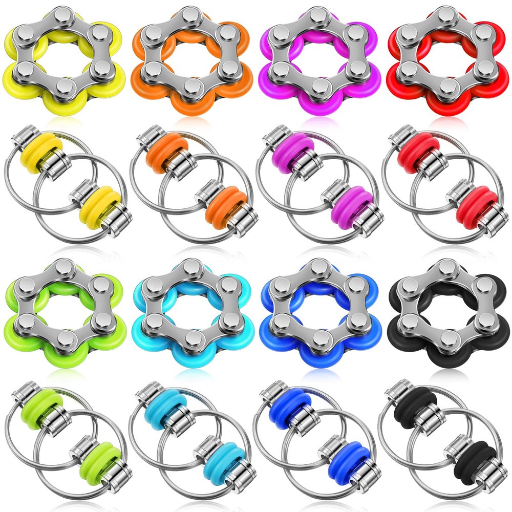 CHENGU 16 Pcs Fidget Toys Set Include 8 Six Roller Chain and 8 Key Flippy Chain Stress Reducer Anxiety Relief Bike Toys for Teens Adults ADHD, Add, Autism (Bright)
