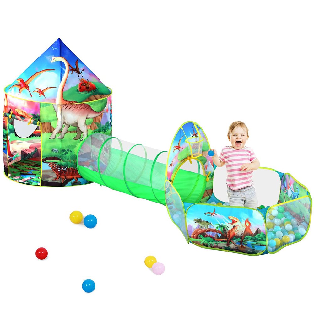 3pc Dinosaur Play Tent for Boys with Ball Pit, Crawl Tunnel, Play Tents for Toddlers, Baby Space World Playhouse Toys, Boys Indoor& Outdoor Play House, Perfect Kids Gifts