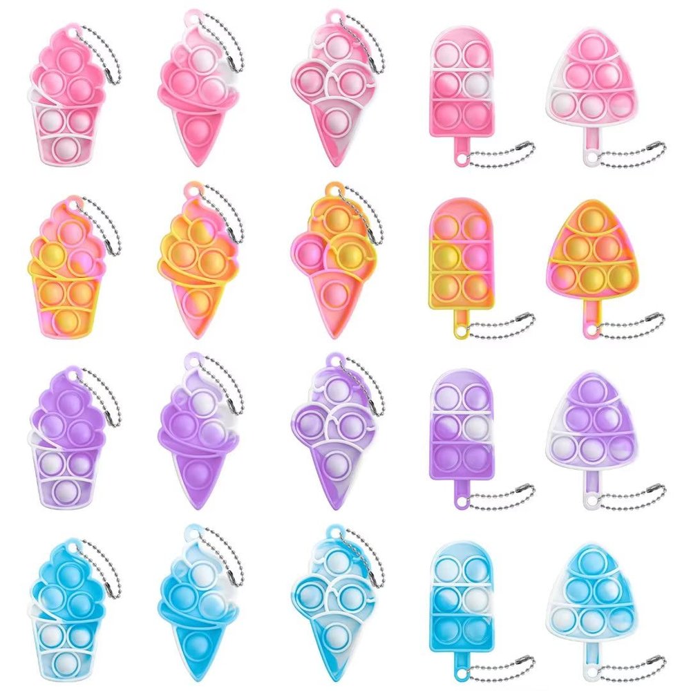 20Pcs Ice Cream Mini Pop Keychain Fidget Toy, Ice Cream Party Favors Supplies, Silicone Mini Pop Toys Birthday for Kids Anxiety Stress Reliever for Adults