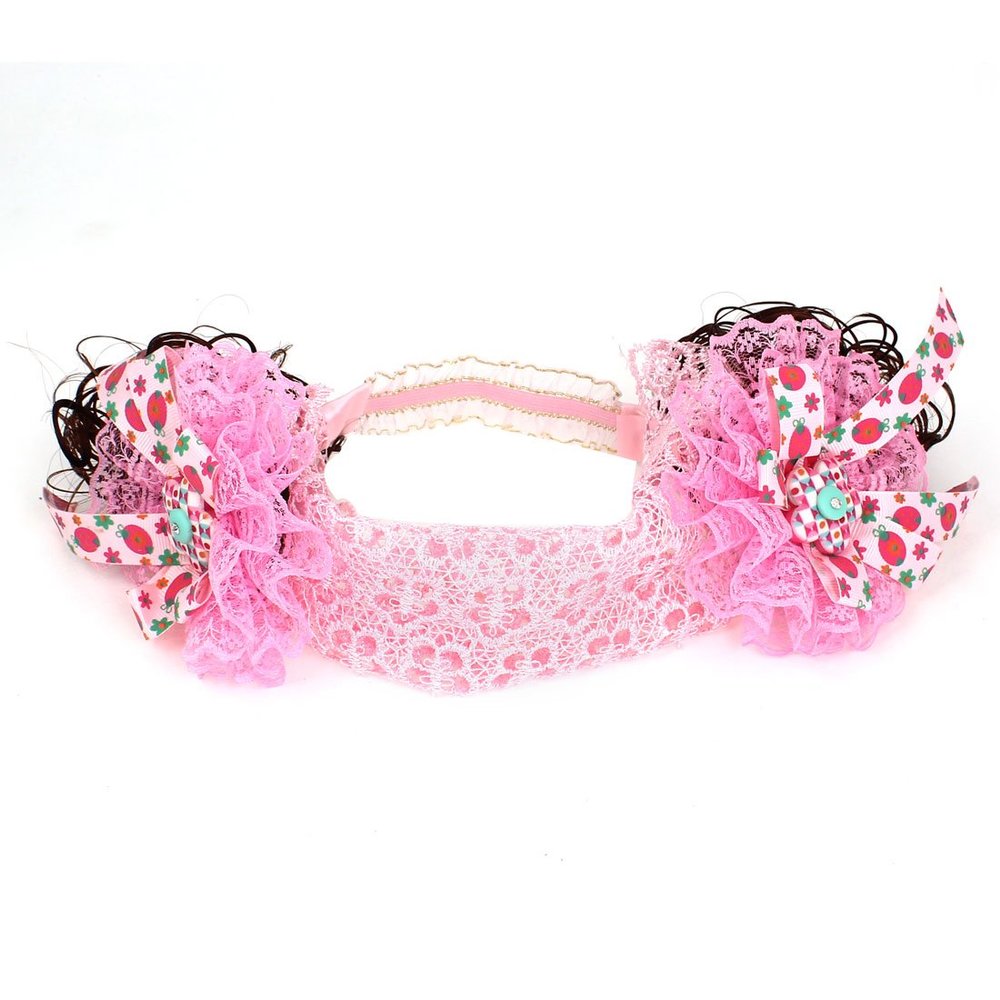 Ruilogod Double Flowers Wig Ornament Stretchy Band Headband for Kids Child Pink (id: 26f 49c c8c f77 c3d