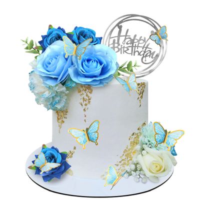19 PCS Flower Cake Toppers Butterfly Happy Birthday Cake Decorations with Artificial Blue Rose Flowers Eucalyptus Butterflies for Party Wedding Baby Shower Supplies (Blue)