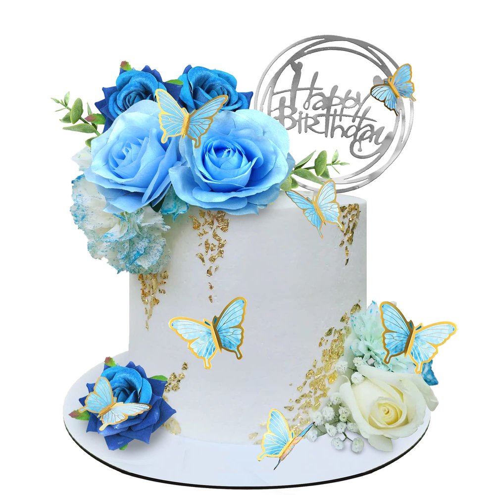 19 PCS Flower Cake Toppers Butterfly Happy Birthday Cake Decorations with Artificial Blue Rose Flowers Eucalyptus Butterflies for Party Wedding Baby Shower Supplies (Blue)