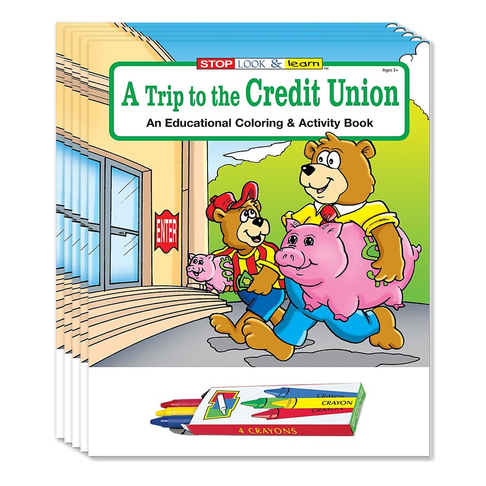 ZOCO  A Trip to the Credit Union  Educational Coloring Books (50 Bulk Pack, With Crayons)  Bank Supplies  Games, Puzzles, Activities Gifts for Kids