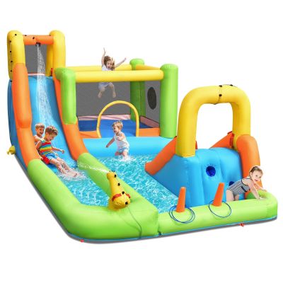 OLAKIDS Inflatable Water Slide, 7 in 1 Bounce House with 2 Slides Climbing Wall Splash Pool 2 Ring Columns Water Gun, Outdoor Water Park Inflatable Obstacle Course for Kids Backyard with Carrying Bag
