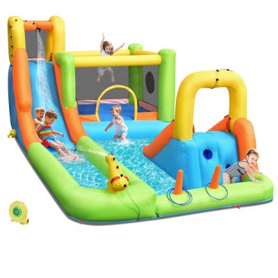 OLAKIDS Inflatable Water Slide, 7 in 1 Bounce House with 2 Slides Climbing Wall Splash Pool 2 Ring Columns Water Gun, Outdoor Water Park Inflatable Obstacle Course with Carrying Bag Blower