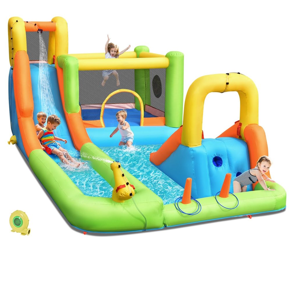 OLAKIDS Inflatable Water Slide, 7 in 1 Bounce House with 2 Slides Climbing Wall Splash Pool 2 Ring Columns Water Gun, Outdoor Water Park Inflatable Obstacle Course with Carrying Bag Blower