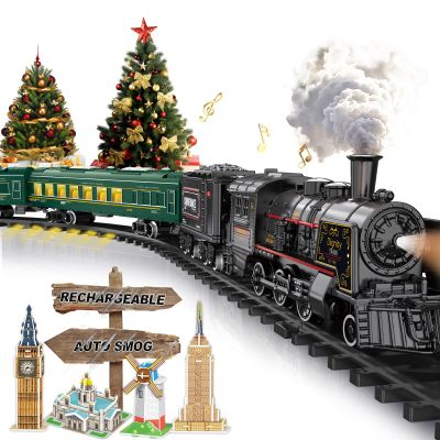 Electric Train Sets for Boys Girls Metal Alloy Christmas Trains Toys Steam Locomotive, Passenger Carriages, Tracks, Light & Sounds Rechargeable Birthday Gifts for Kids 3 4 5 6 7 8 + Years Old Green