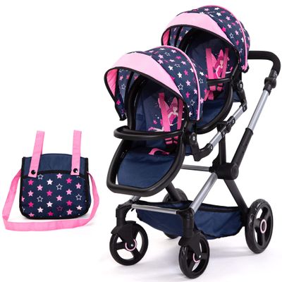 Bayer: Xeo Twin Pram: Stars Navy & Pink - Matching Handbag, Adjustable Handle, Dolls Up to 20", Ages 3+ | Baby Dolls | Pretend | Dress up