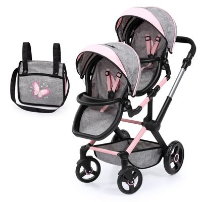 Bayer: Xeo Twin Pram - Butterfly Grey & Pink - Matching Handbag, Adjustable Handle, for Dolls Up to 20"