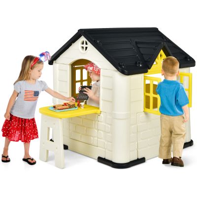 Costzon Playhouse for Kids, Outdoor Garden Games Cottage w/Working Doors & Windows, Pretend Toy House w/Picnic Table, 7 PCS Toy Set & Tray, Waterproof Cover, Gift for Boys & Girls Ages 3+ (Yellow)
