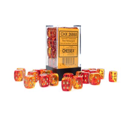Chessex Dice Set 12mm Gemini: Translucent Red-Yellow/Gold Dice Block Dungeons and Dragons D&D DND TTRPG Dice Includes 36 Dice D6