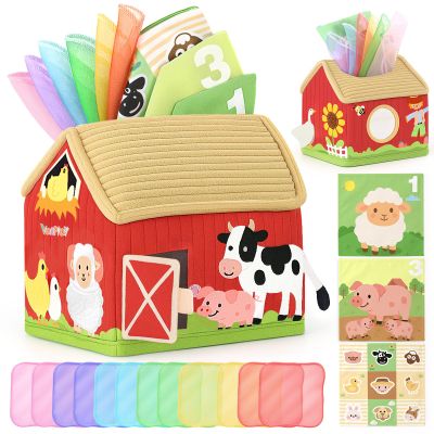 DINORUN Baby Toys 6 to 12 Months - Montessori Tissue Box Toys for Babies 6-12 Months - Infant Newborn Toddlers Sensory Magic Baby Tissue Box Educational High Contrast Toy Development STEM Toy Gift
