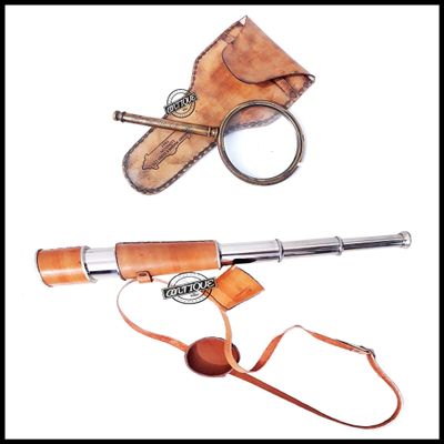 Marine Nautical Antique Brass Leather Strap Telescope & Henry Hughes Handheld Leather Case