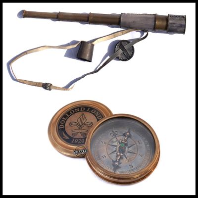 Dollond London Nautical Brass Compass & Marine Spyglass Telescope with Leather Strap
