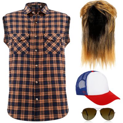 Haysandy Blonde Mullet Wig for Men 70S 80S Rock Disco Star Costume Sleeveless Plaid Shirt Metal Frame Blonde Sunglasses Vintage Hat (XX-Large)