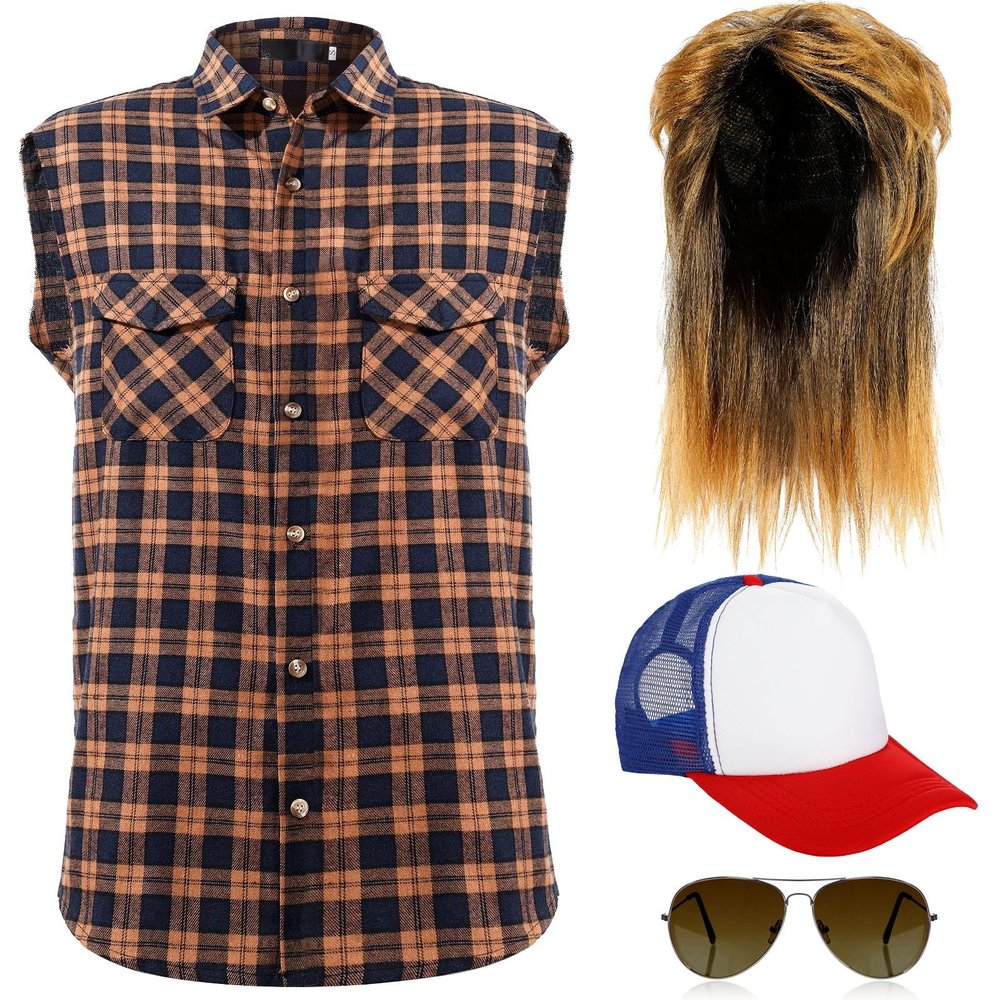 Haysandy Blonde Mullet Wig for Men 70S 80S Rock Disco Star Costume Sleeveless Plaid Shirt Metal Frame Blonde Sunglasses Vintage Hat (XX-Large)