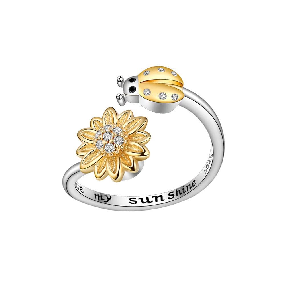 Sunflower Ladybug Fidget Anxiety Ring for Women You Are My Sunshine Silver Plated Spinning Spinner Stress Relief Open Adjustable Stacking Band Daisy Cubic Zirconia Jewelry Gift Birthday Daughter