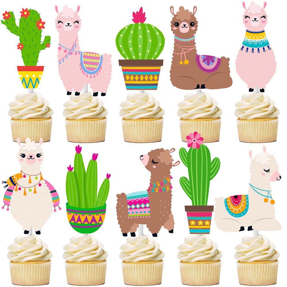 Llama Cupcake Toppers Cute Llama Cactus Cake Cupcake Picks Decoration for Mexican Fiesta Alpaca Theme Birthday Party Baby Shower Supplies