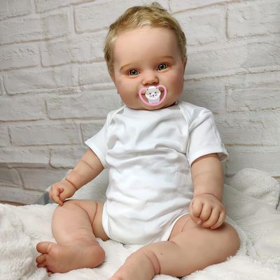TERABITHIA 24 Inch Huge Baby Size Hand Rooted Blond Hair Sweet Smile Realistic Newborn Toddler Dolls Bed Time Playmates Lifelike Reborn Baby Doll in Green Eyes Look Real