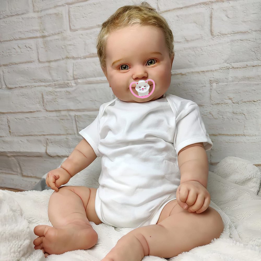 TERABITHIA 24 Inch Huge Baby Size Hand Rooted Blond Hair Sweet Smile Realistic Newborn Toddler Dolls Bed Time Playmates Lifelike Reborn Baby Doll in Green Eyes Look Real
