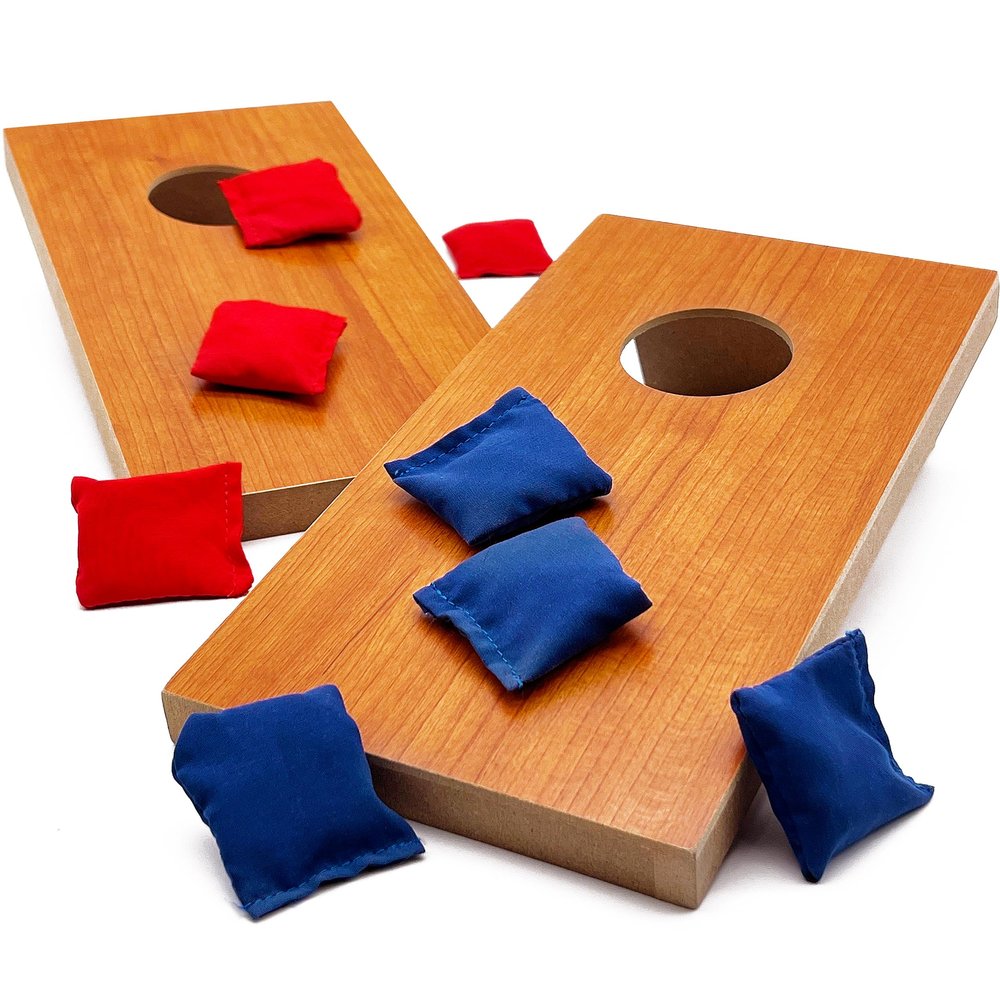Super Fun MINI Kids Portable Tabletop Cornhole Set. Two 10.5" x 5.25" Boards with 4 Red & 4 Blue Double Lined Bags. Great Slumber Party, Sleepover, or Birthday Party Bag Toss Game for Your Child