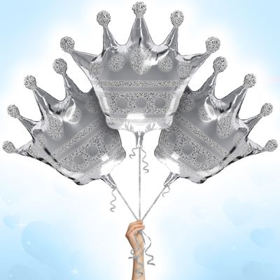 3Pcs Silver Crown Balloons Reusable Foil Silver Balloons Set in Large 39" Size, Self-Sealing & Easy to Inflate, Durable Suitable for Weddings, Birthday Celebrations & Princess Theme Decorations