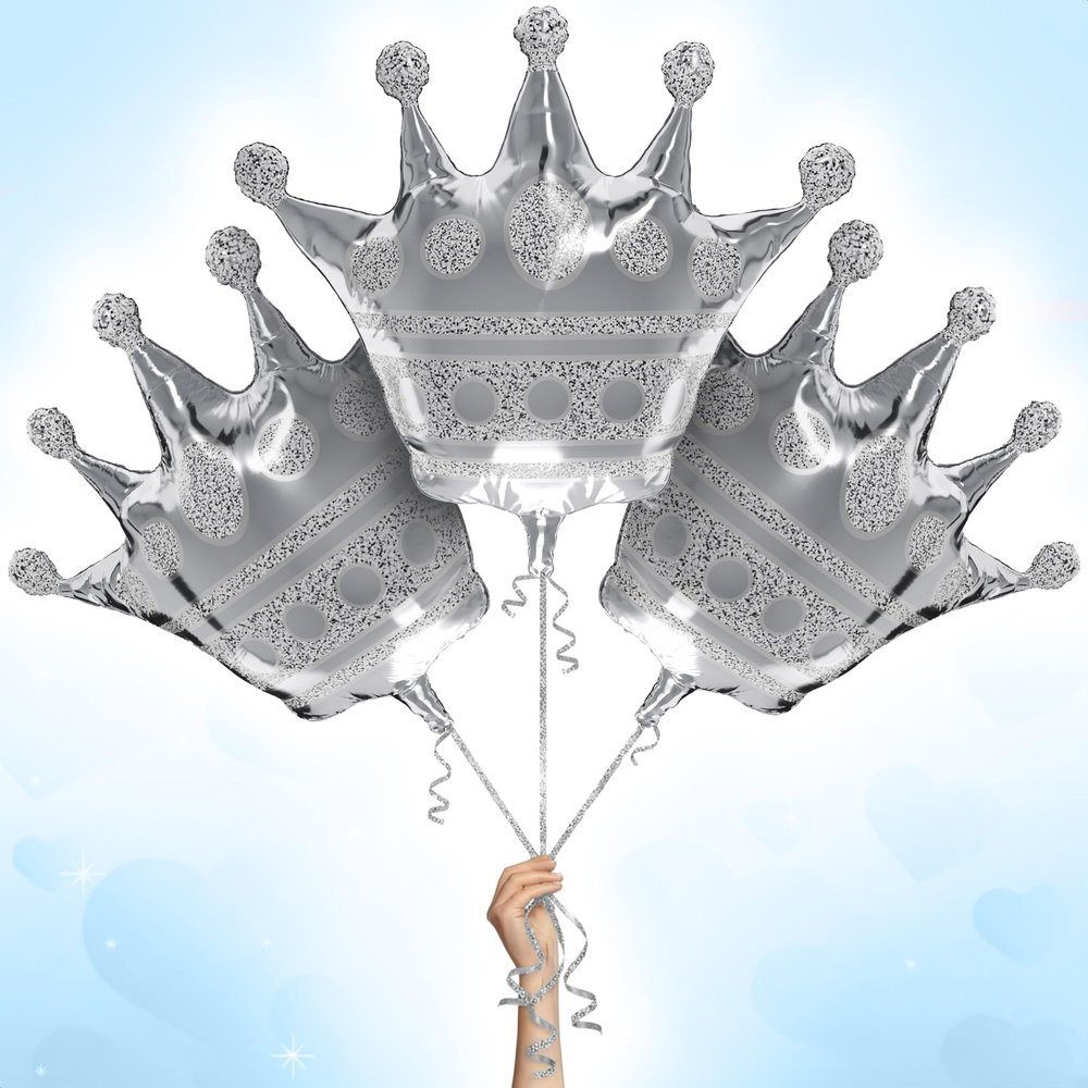 3Pcs Silver Crown Balloons Reusable Foil Silver Balloons Set in Large 39" Size, Self-Sealing & Easy to Inflate, Durable Suitable for Weddings, Birthday Celebrations & Princess Theme Decorations