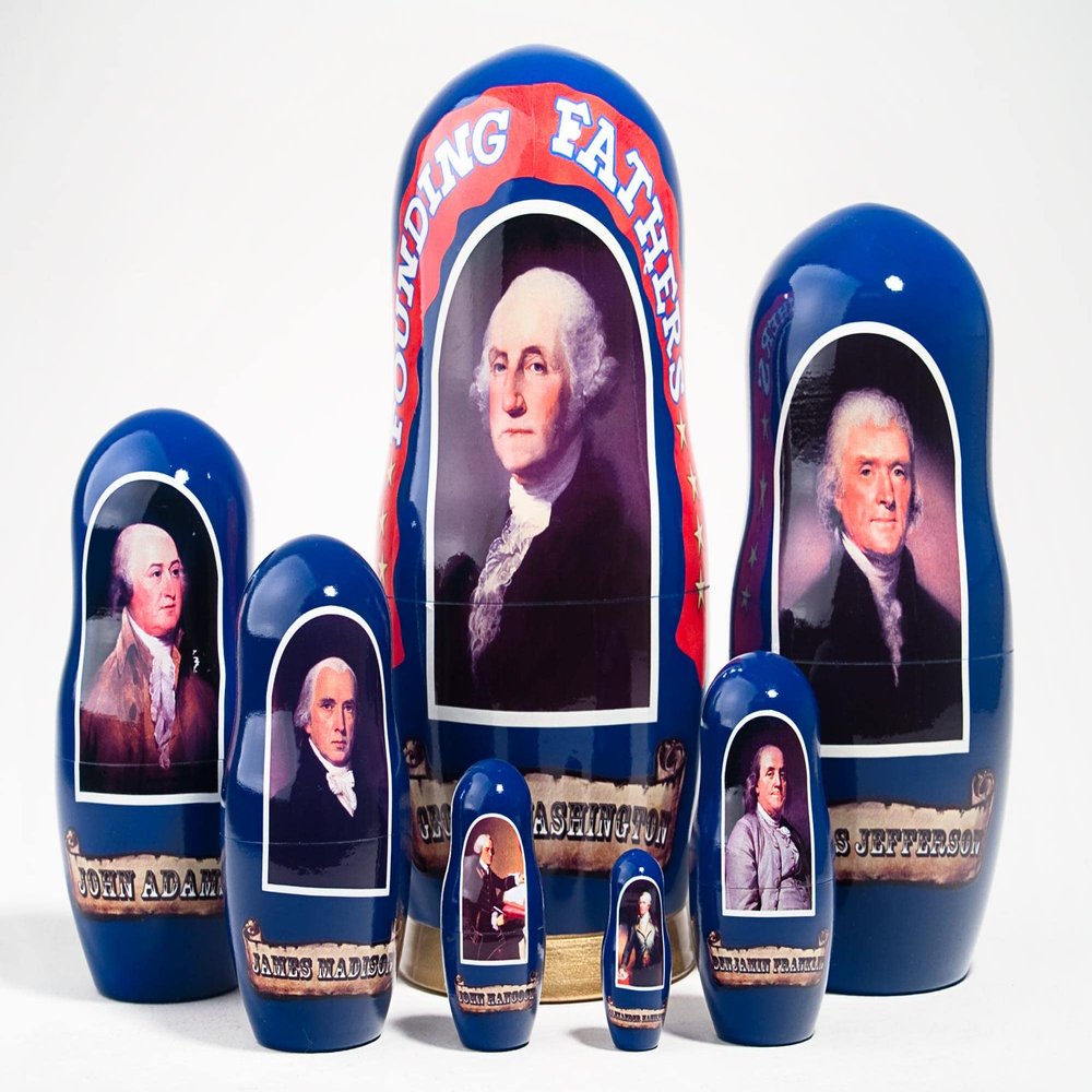 Golden Cockerel Founding Fathers Nesting Doll 8"/7pc Washington Jefferson Hamilton Franklin Adams Madison Hancock