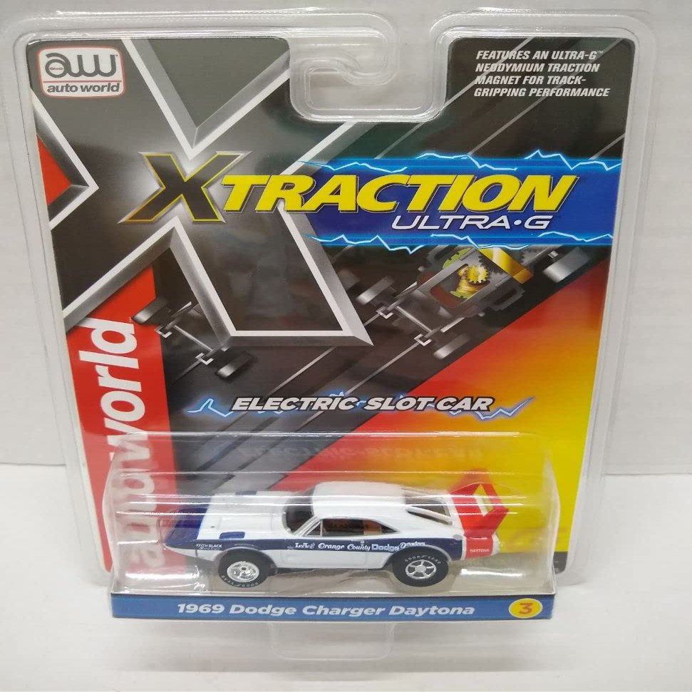 Auto World SC373-3 1969 Charger Daytona HO Scale Electric Slot Car - White, Blue, and Red