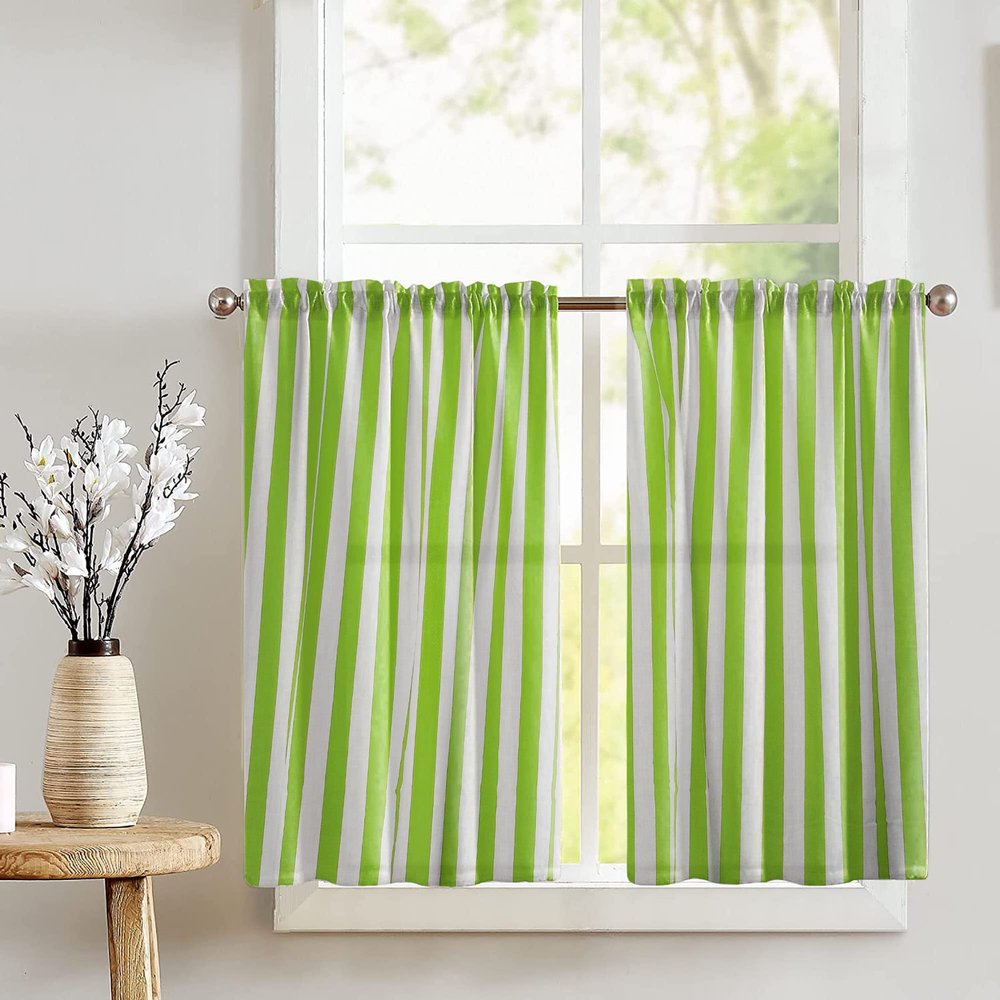 Zen Creative Designs 1 Inch Stripe Print Tier Window Valance 2 Piece Set Home Dcor Bedroom Nursery Kitchen Window (Green)