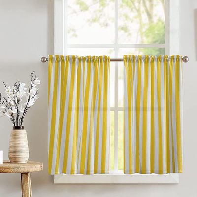 Zen Creative Designs 1 Inch Stripe Print Tier Window Valance 2 Piece Set Home Dcor Bedroom Nursery Kitchen Window (Yellow White)