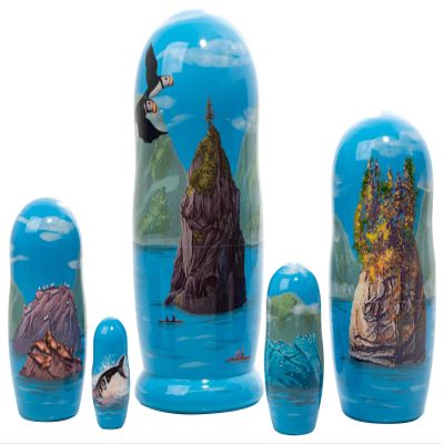 Golden Cockerel Kenai Fjords Alaska Nesting Doll 6"/5pc National Park Matryoshka Wooden Babushka