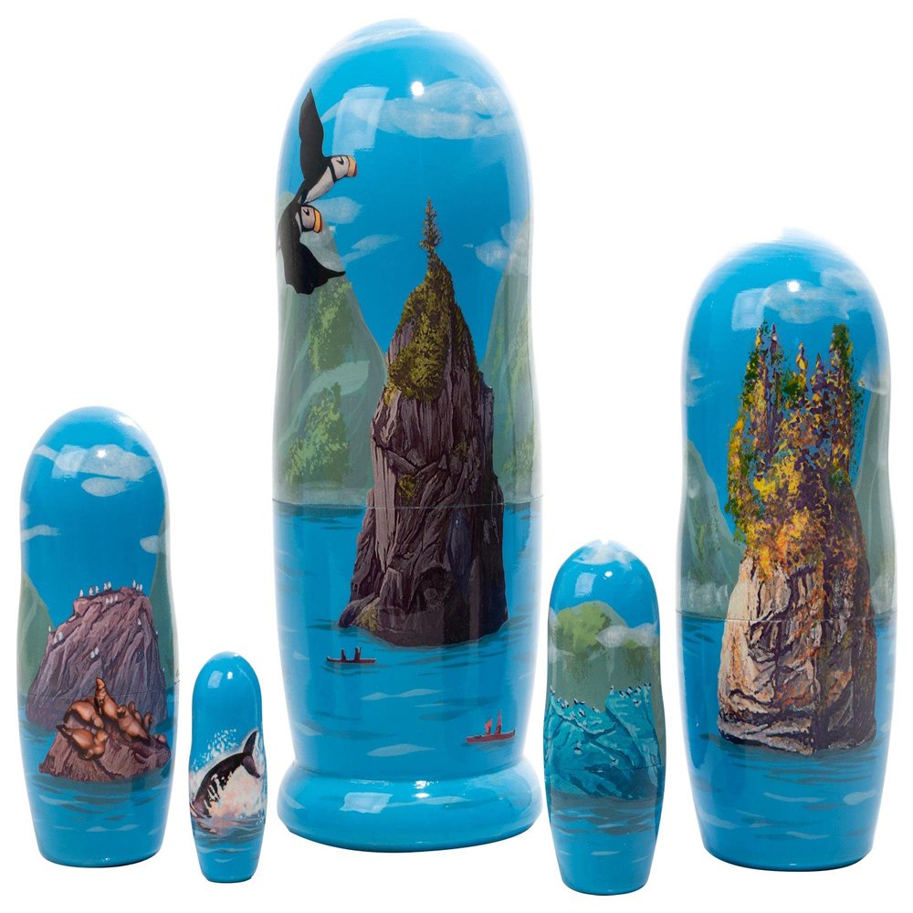 Golden Cockerel Kenai Fjords Alaska Nesting Doll 6"/5pc National Park Matryoshka Wooden Babushka