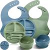 10 Pack Silicone Baby Feeding Set, Toddlers Led Weaning Feeding Supplies with Suction Baby Bowl Divided Plate Adjustable Bib Soft Silicone Spoon Fork, Infant Self Eating Utensil Set (Blue, Green) view 1